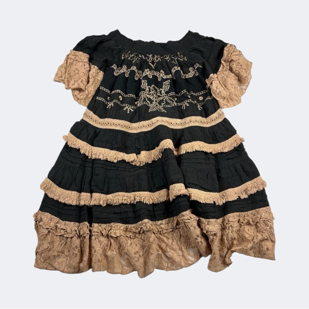 Barok Boho Cottagecore Peasant Dress S/M Tiered Embroidered Lace Festival